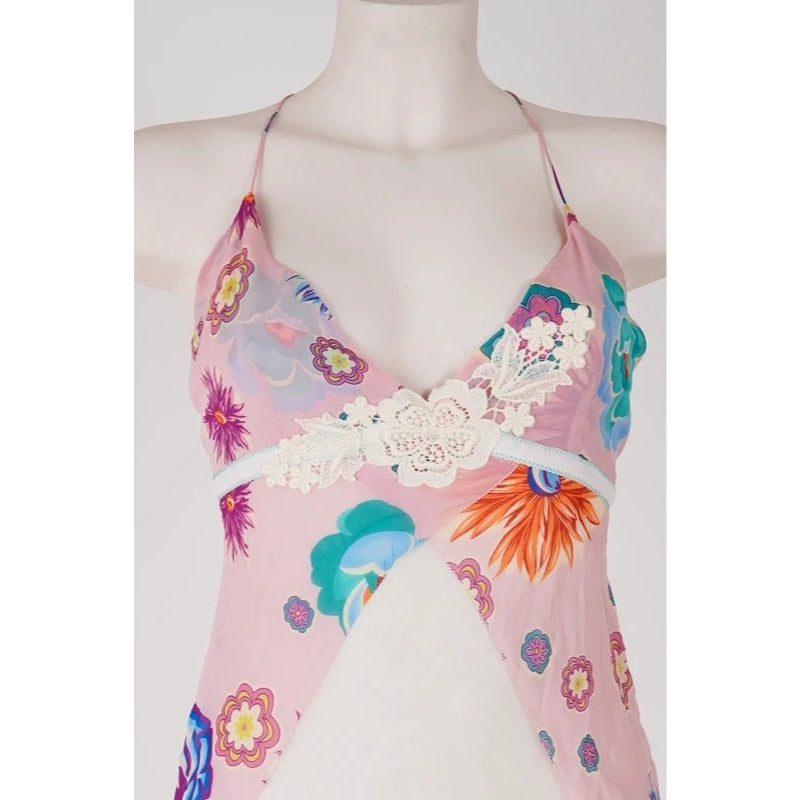 Top Vintage Y2K Seta Rosa Floreale Fairycore Coquette Schiena Aperta S
