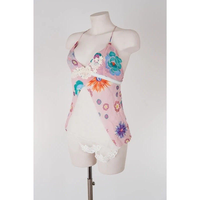 Top Vintage Y2K Seta Rosa Floreale Fairycore Coquette Schiena Aperta S