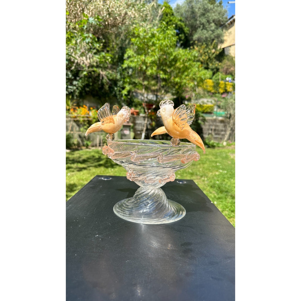 Murano Glass Clear Amber Gold Bird Bath Pedestal Bowl 3 Removable Birds Signed