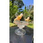 Murano Glass Clear Amber Gold Bird Bath Pedestal Bowl 3 Removable Birds Signed