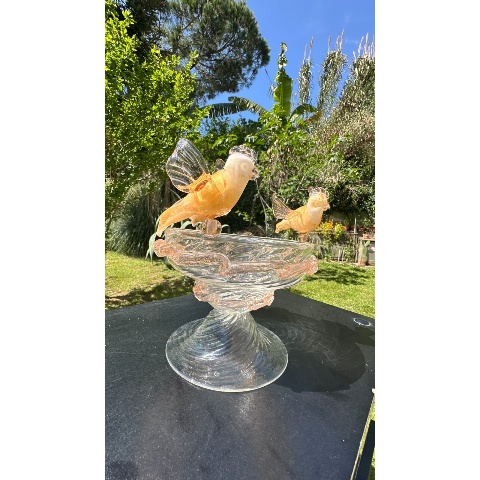 Murano Glass Clear Amber Gold Bird Bath Pedestal Bowl 3 Removable Birds Signed
