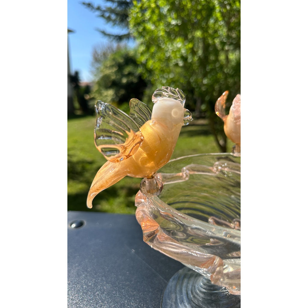 Murano Glass Clear Amber Gold Bird Bath Pedestal Bowl 3 Removable Birds Signed