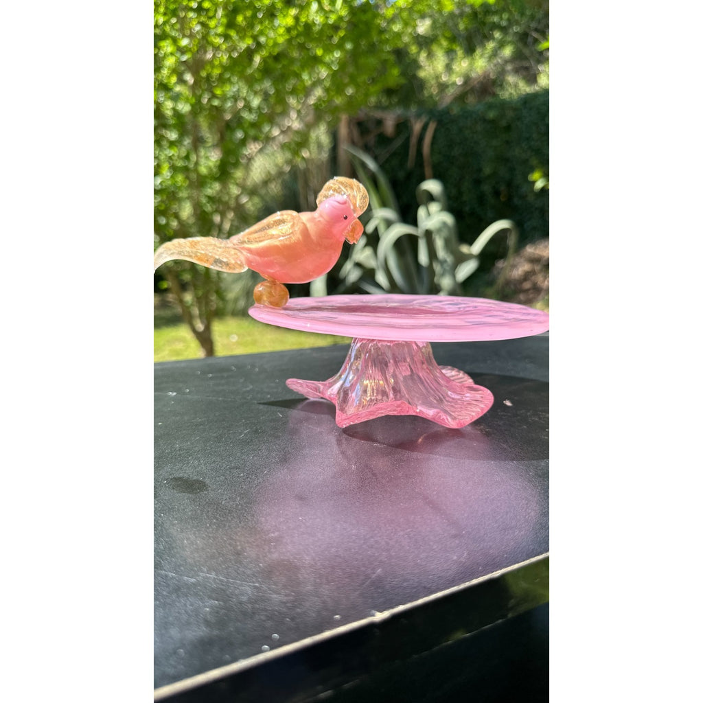 Murano Glass Pink Gold Bird Bath Pedestal Dish Removable Songbird