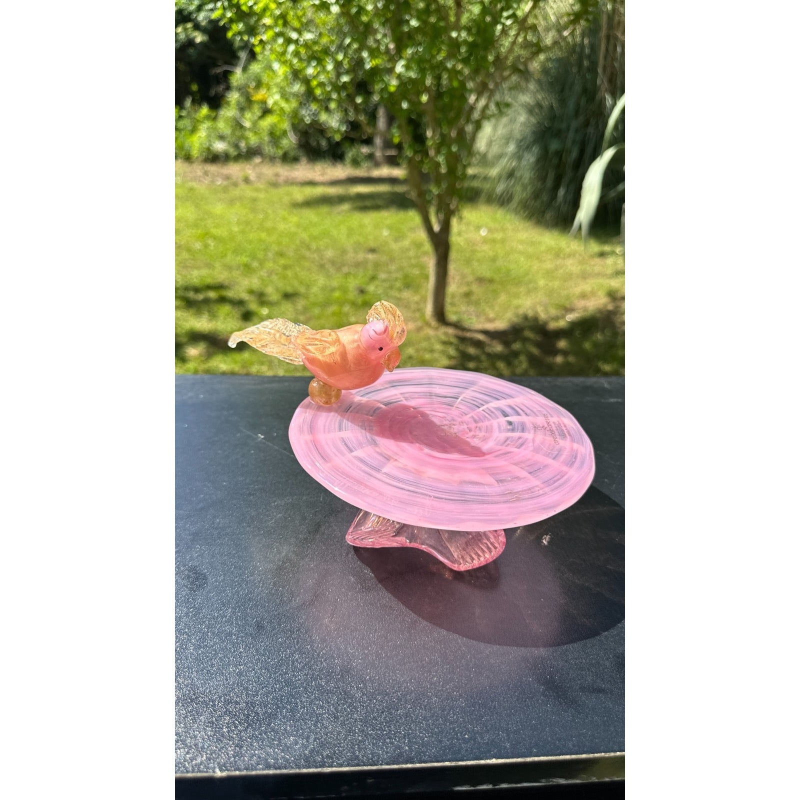 Murano Glass Pink Gold Bird Bath Pedestal Dish Removable Songbird