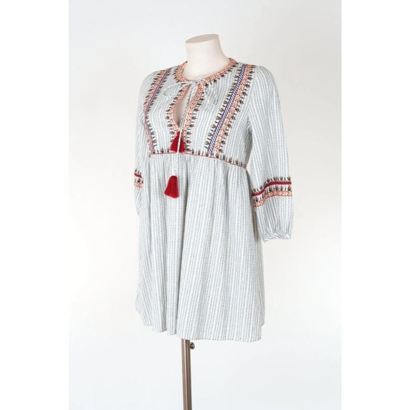 Vestito boho Zara TRF cotone ricamato con nappine e tasche taglia