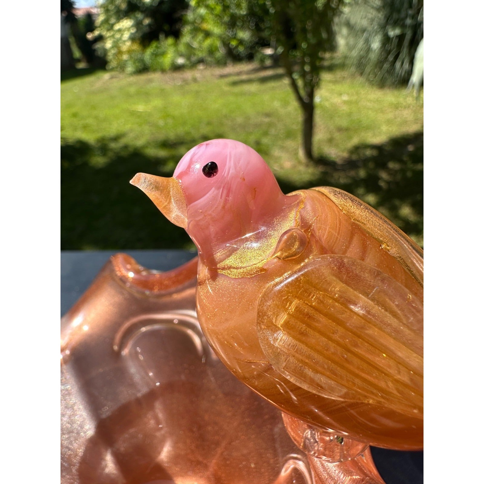 Murano Glass Pink & Gold Bird Bath / Bird Nest Centerpiece Removable Songbirds