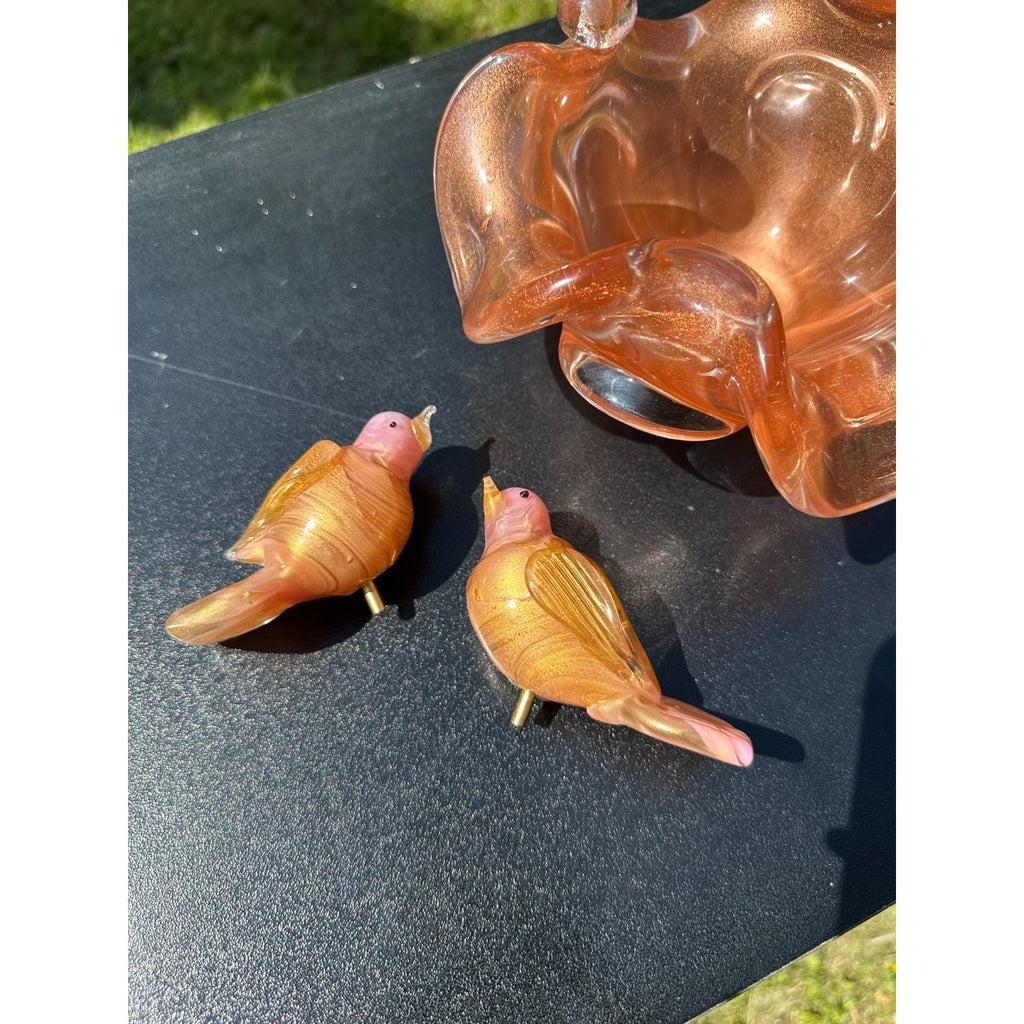 Murano Glass Pink & Gold Bird Bath / Bird Nest Centerpiece Removable Songbirds