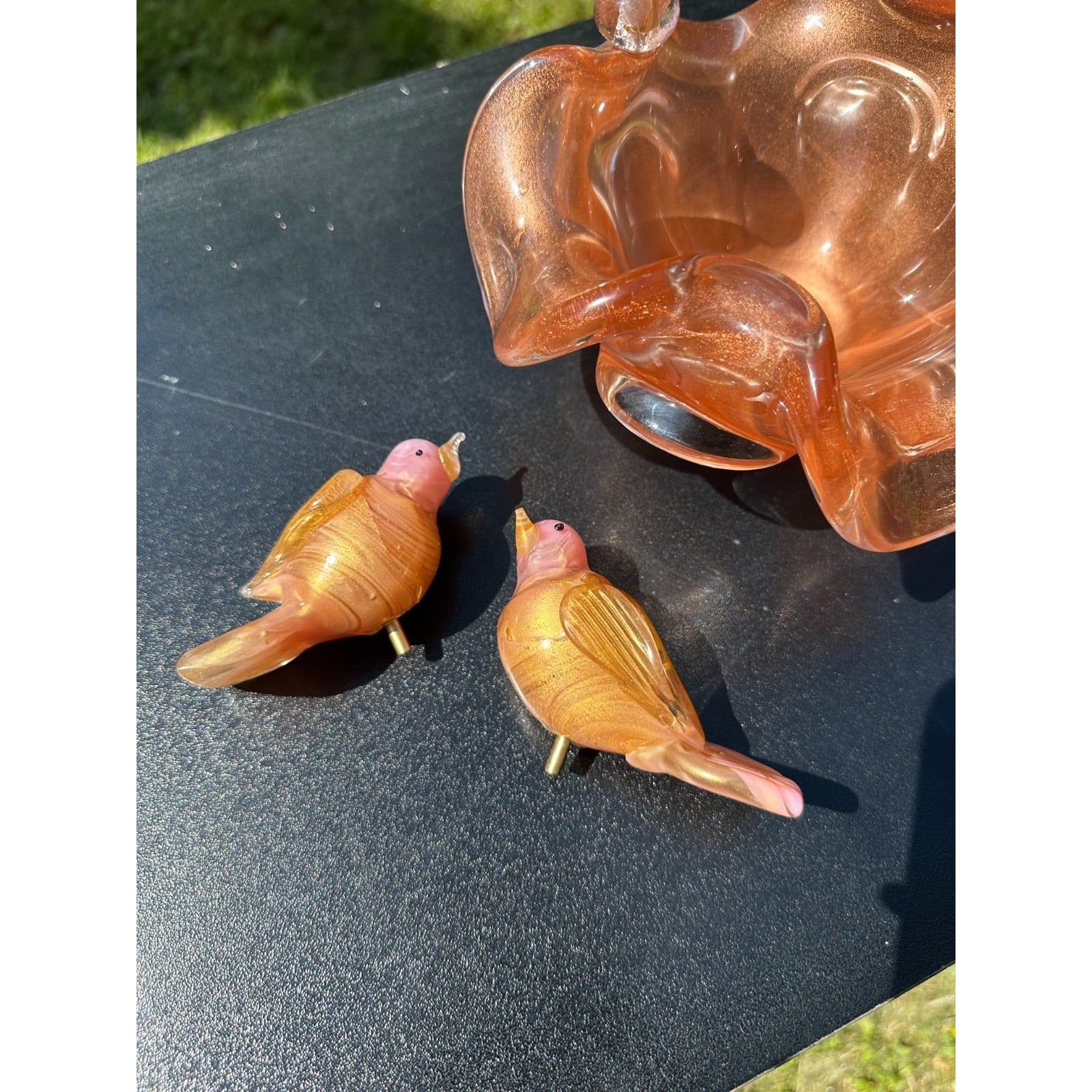 Murano Glass Pink & Gold Bird Bath / Bird Nest Centerpiece Removable Songbirds