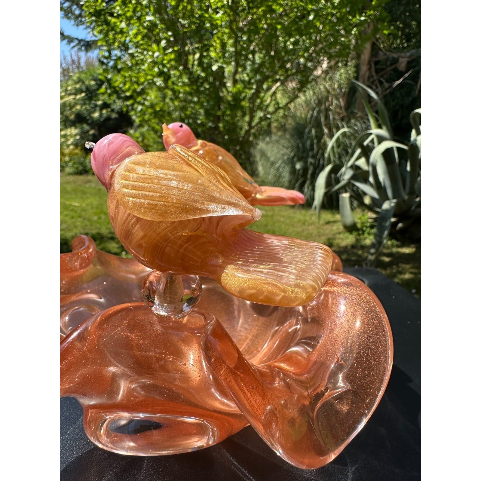 Murano Glass Pink & Gold Bird Bath / Bird Nest Centerpiece Removable Songbirds