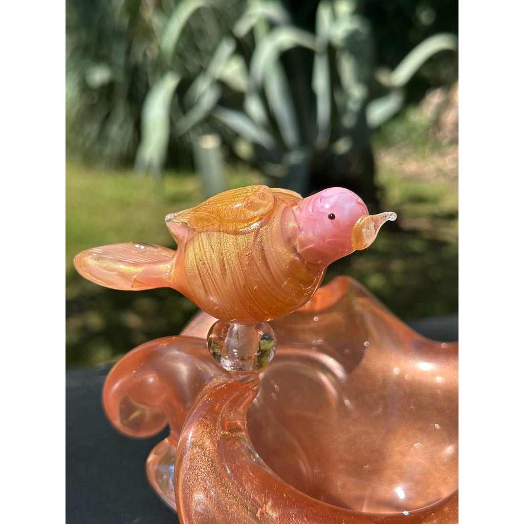 Murano Glass Pink & Gold Bird Bath / Bird Nest Centerpiece Removable Songbirds