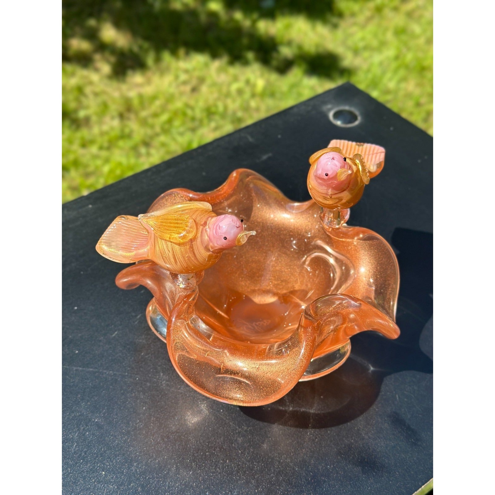 Murano Glass Pink & Gold Bird Bath / Bird Nest Centerpiece Removable Songbirds