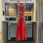 Vestito cerimonia  in seta vintage rosso ricamato con perline, taglia S