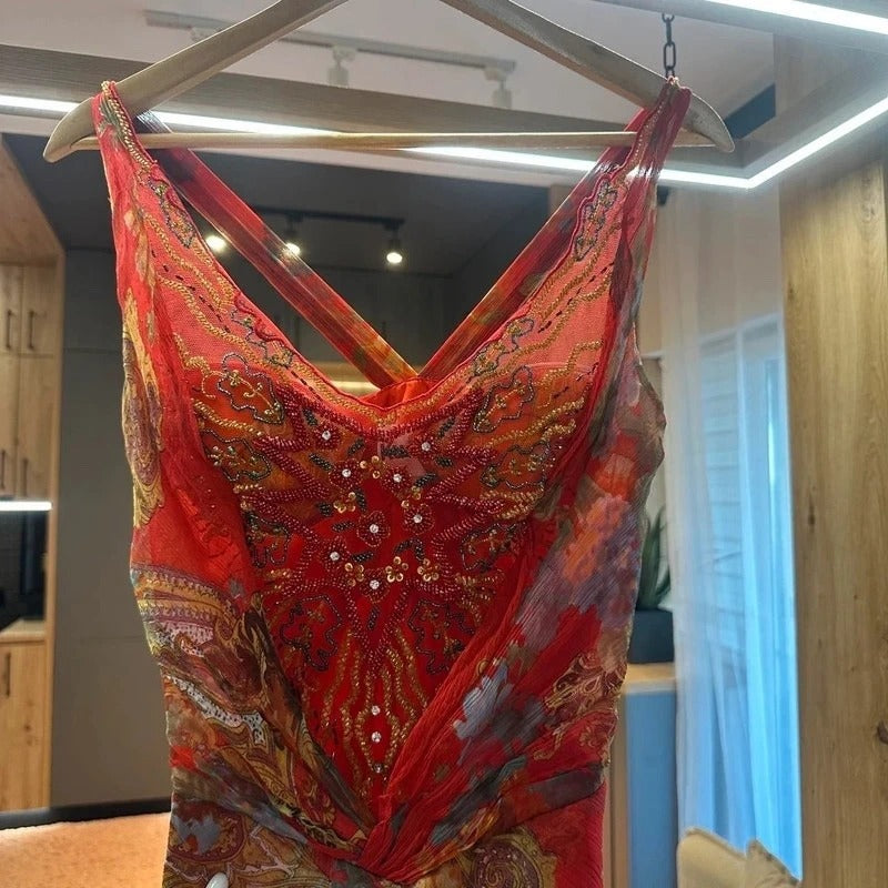 Vestito cerimonia  in seta vintage rosso ricamato con perline, taglia S