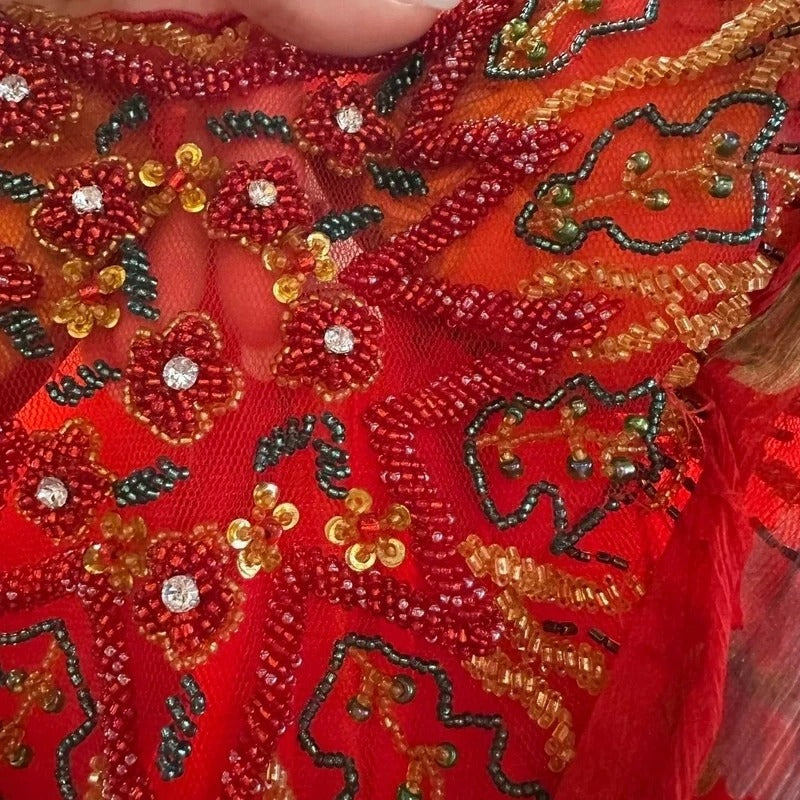 Vestito cerimonia  in seta vintage rosso ricamato con perline, taglia S