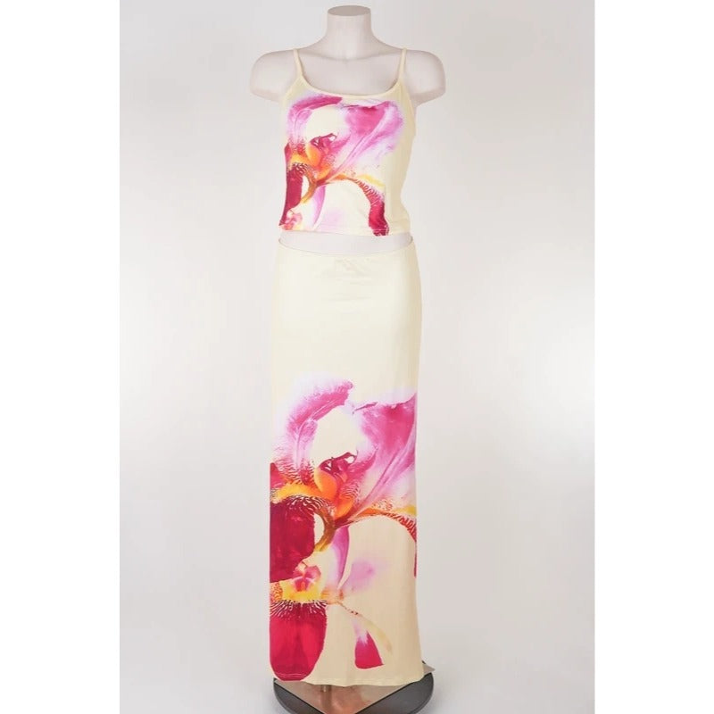 Completo top e gonna lunga floreale giallo pastello tropical  taglia L