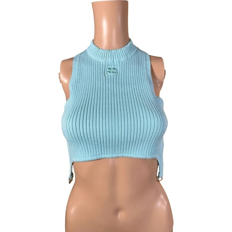 Top Courrèges azzurro crop a coste logo ricamato  S