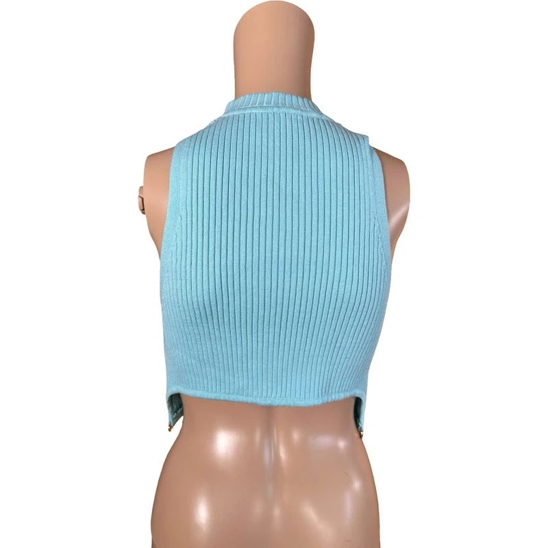 Top Courrèges azzurro crop a coste logo ricamato  S