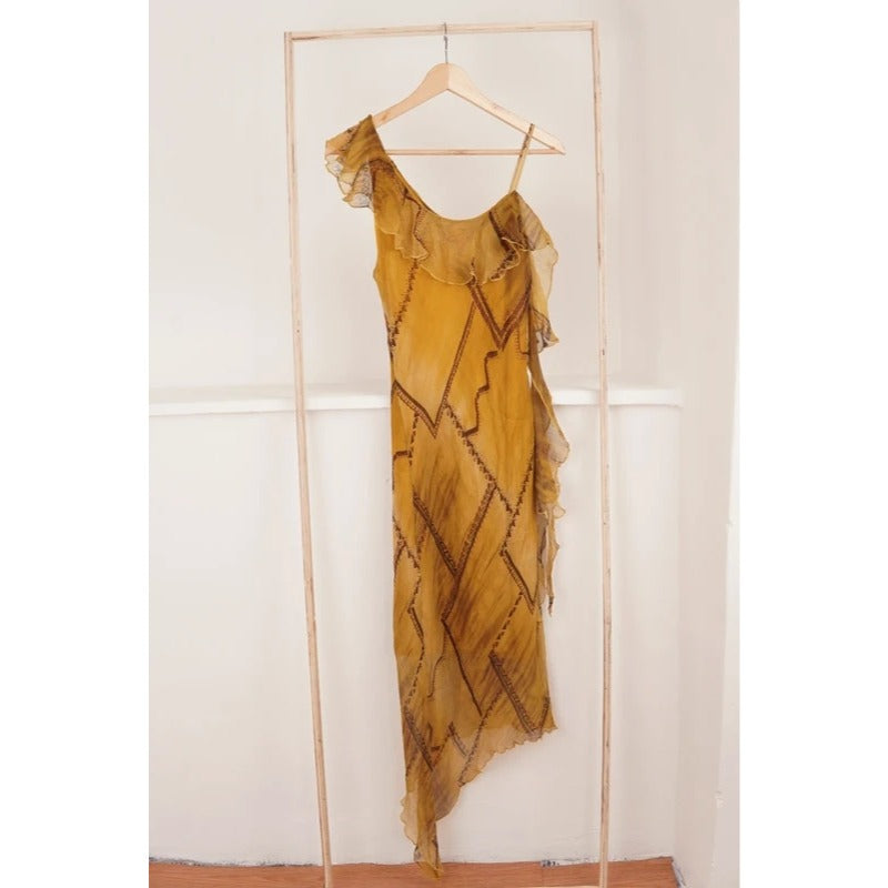 Abito lungo vintage fairycore in seta asimmetrico monospalla Made in Italy taglia M