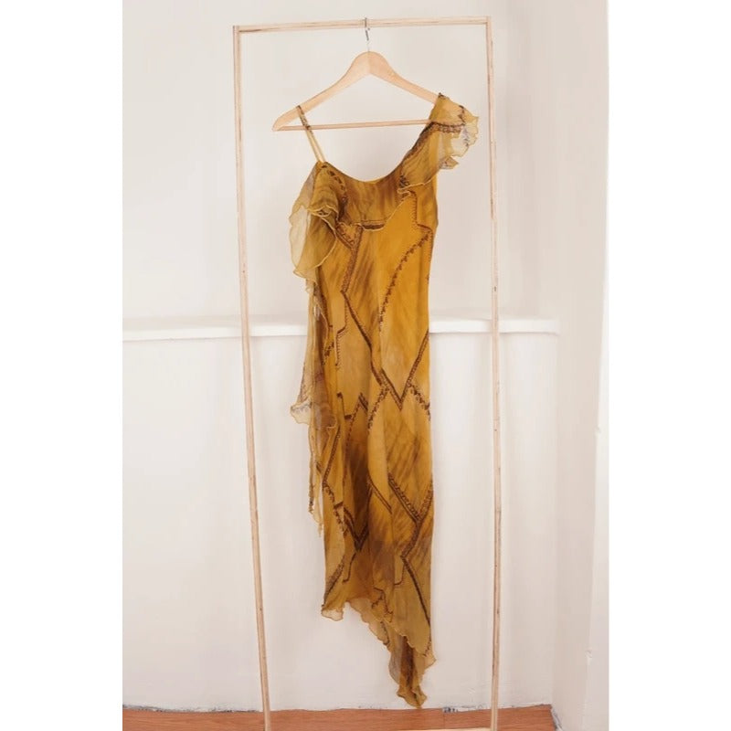 Abito lungo vintage fairycore in seta asimmetrico monospalla Made in Italy taglia M