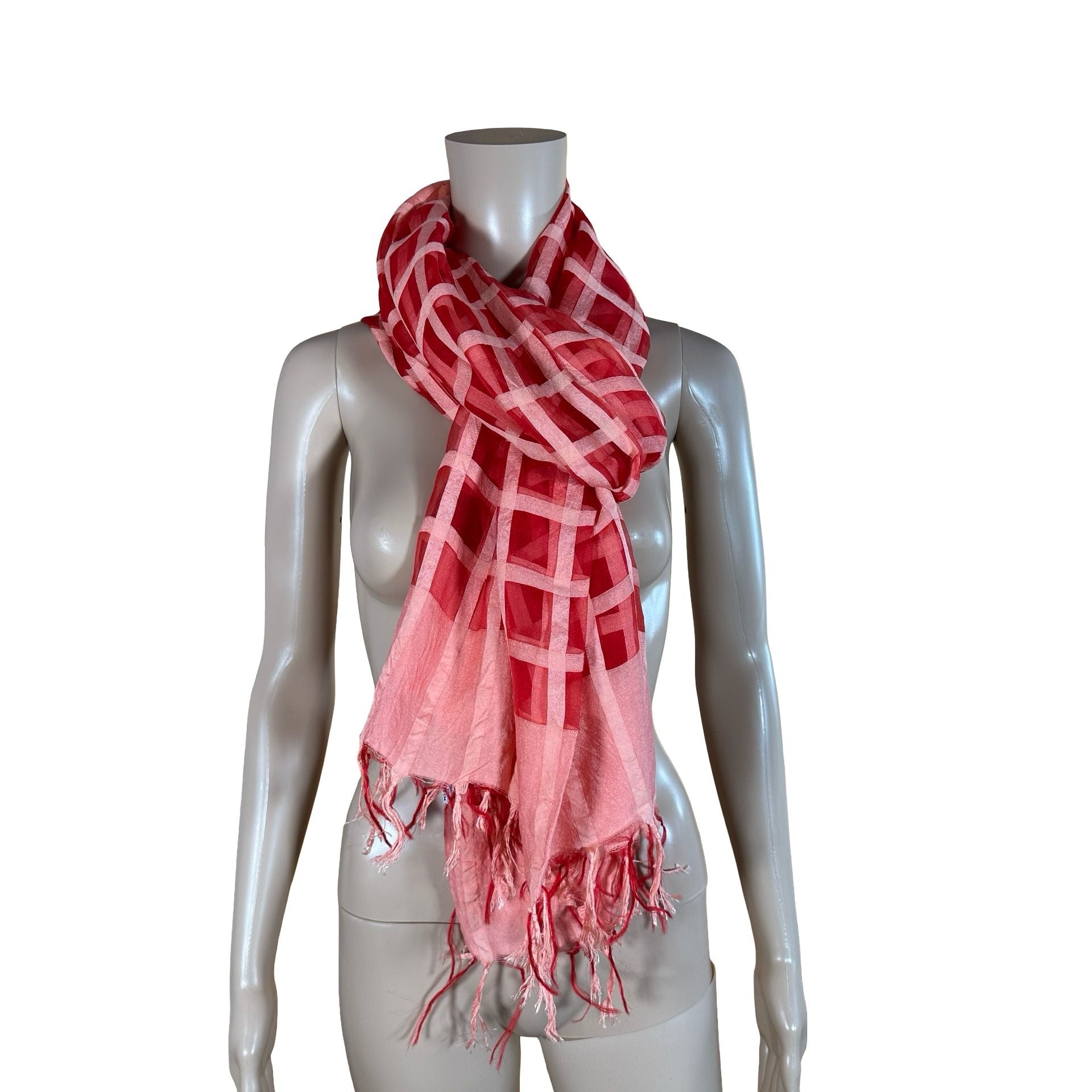 Oversized Silk Blend Scarf in Red & Pink | Sheer Geometric Pattern Wrap