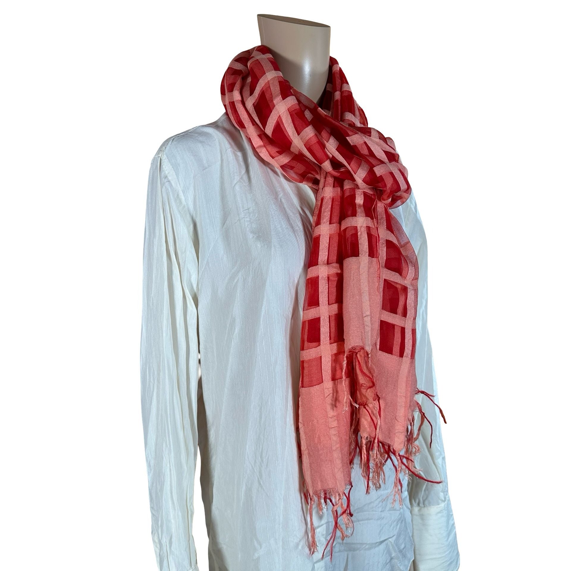 Oversized Silk Blend Scarf in Red & Pink | Sheer Geometric Pattern Wrap
