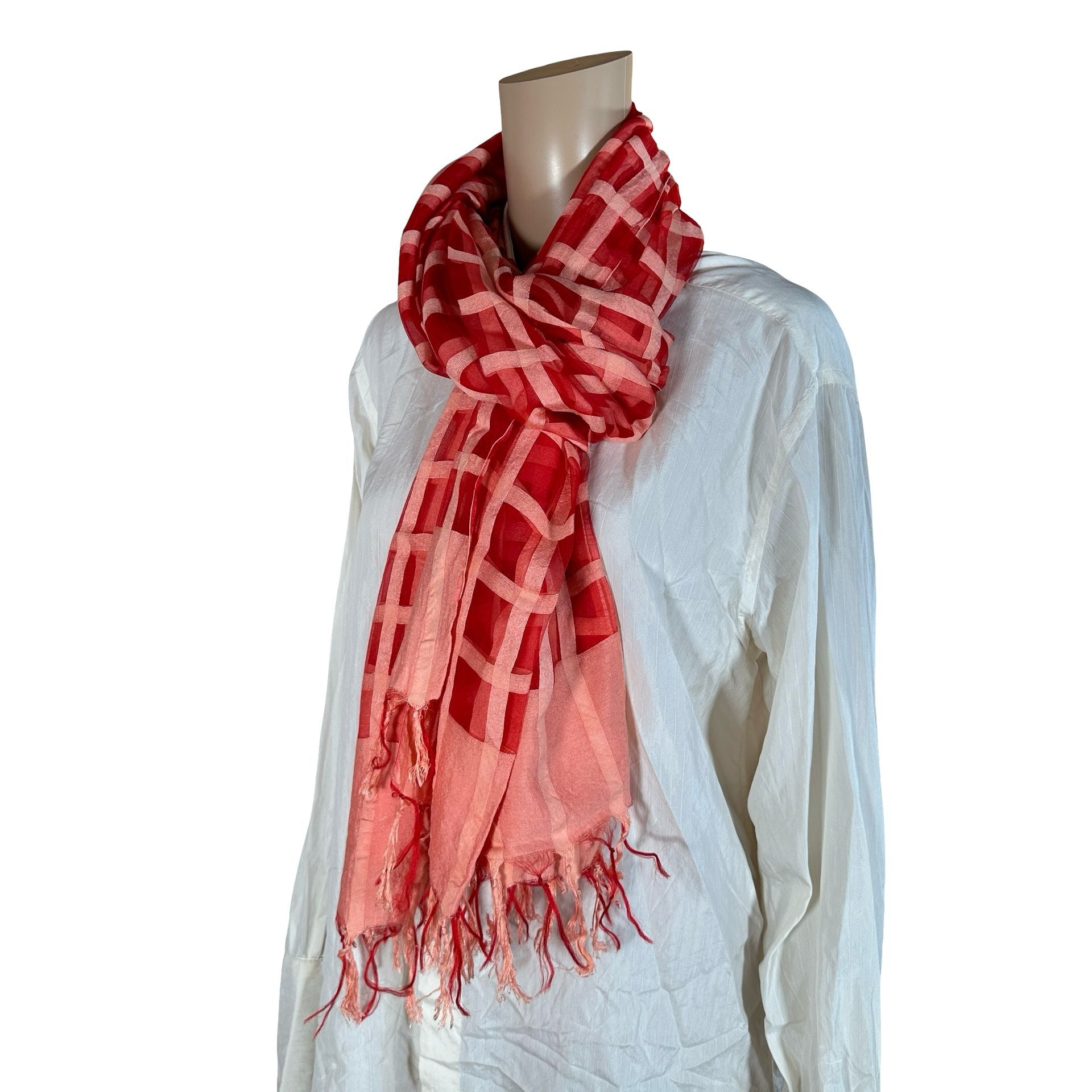 Oversized Silk Blend Scarf in Red & Pink | Sheer Geometric Pattern Wrap