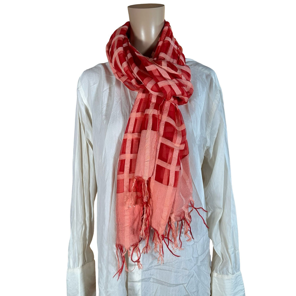 Oversized Silk Blend Scarf in Red & Pink | Sheer Geometric Pattern Wrap