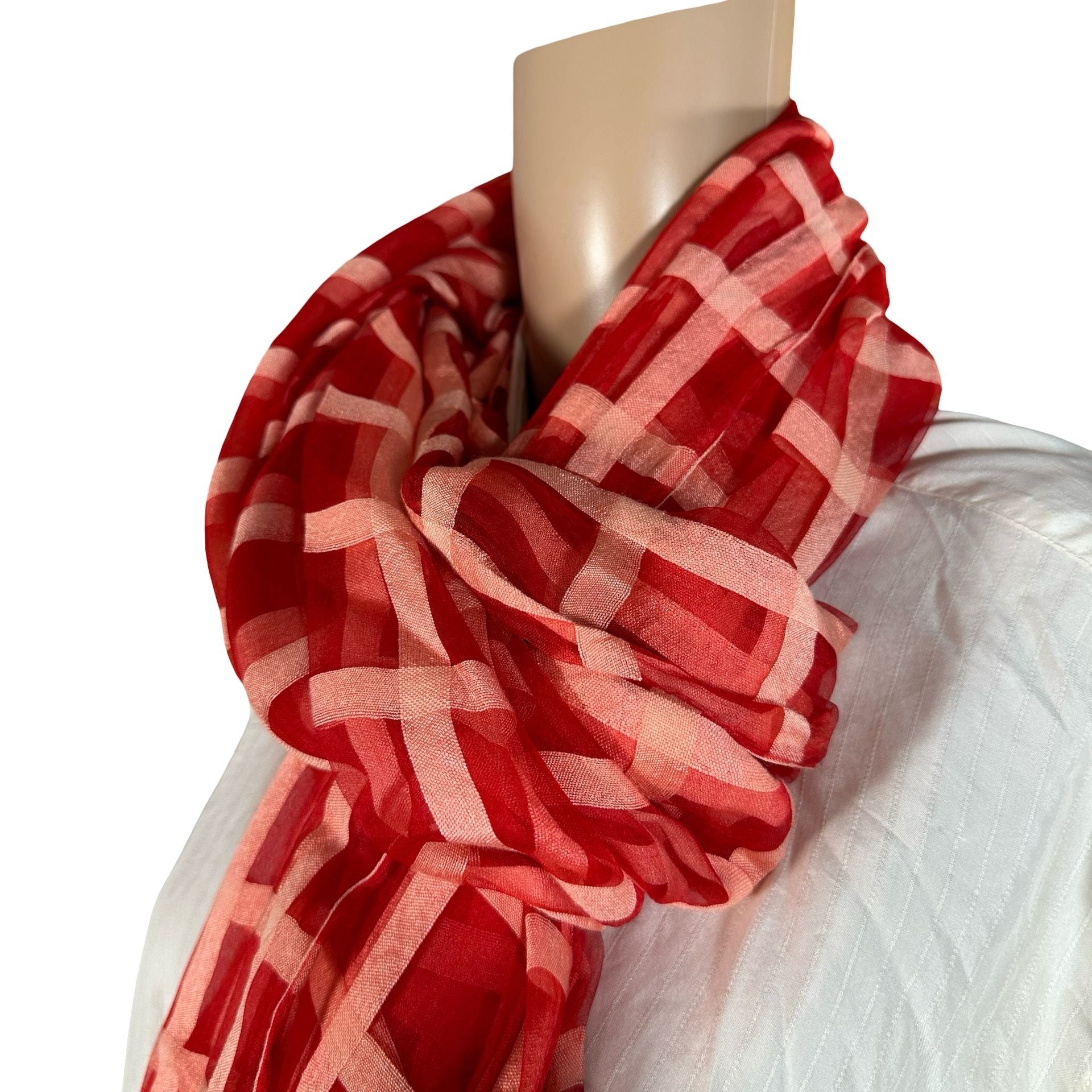 Oversized Silk Blend Scarf in Red & Pink | Sheer Geometric Pattern Wrap