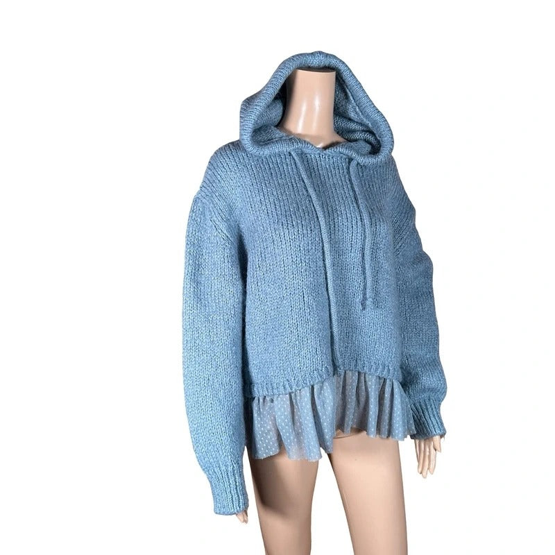 Felpa maglione Zara azzurro oversize con cappuccio e balza pois S/M