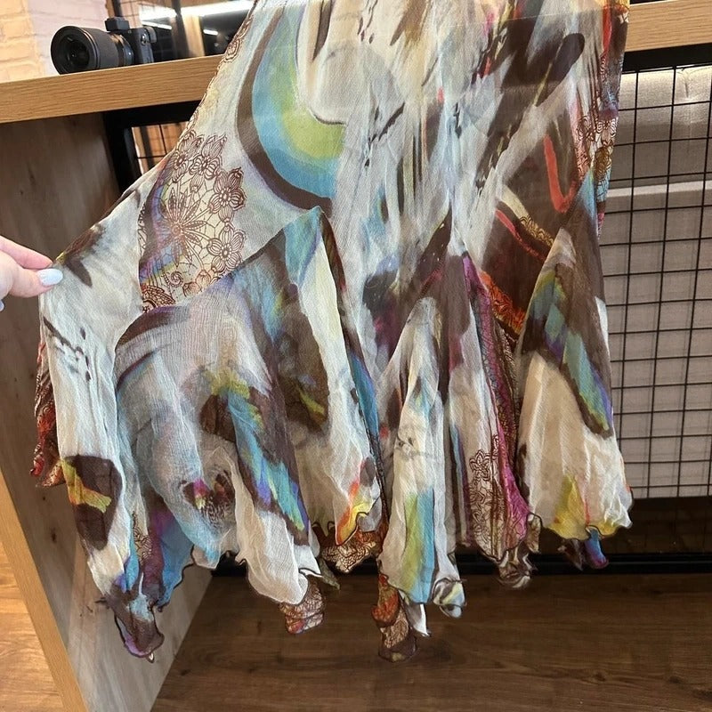 Vestito vintage maxi in seta stampata fantasia farfalle taglia S