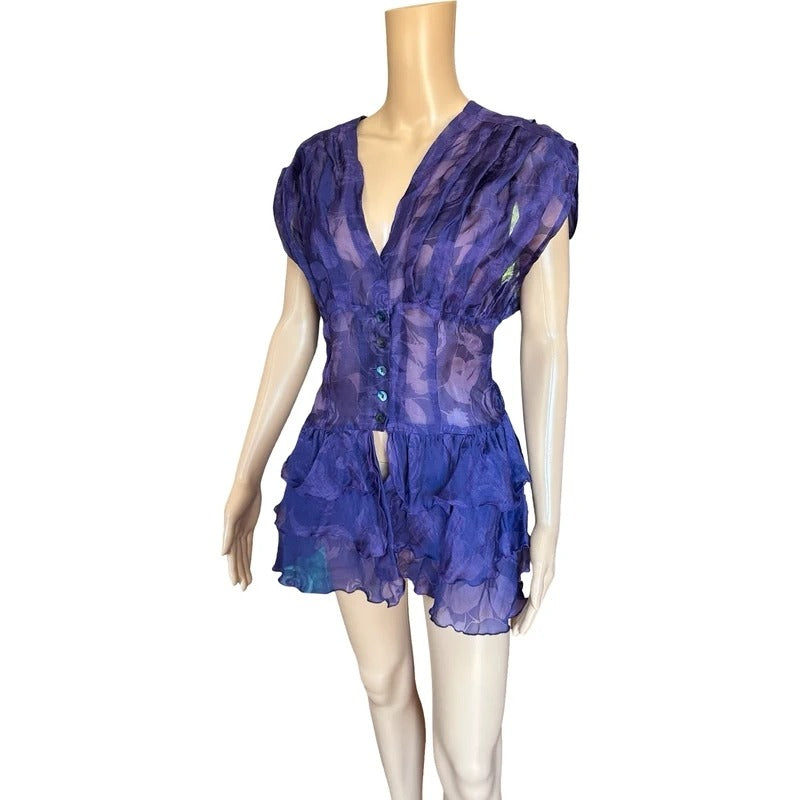 Top vintage trasparente viola con ruches taglia M