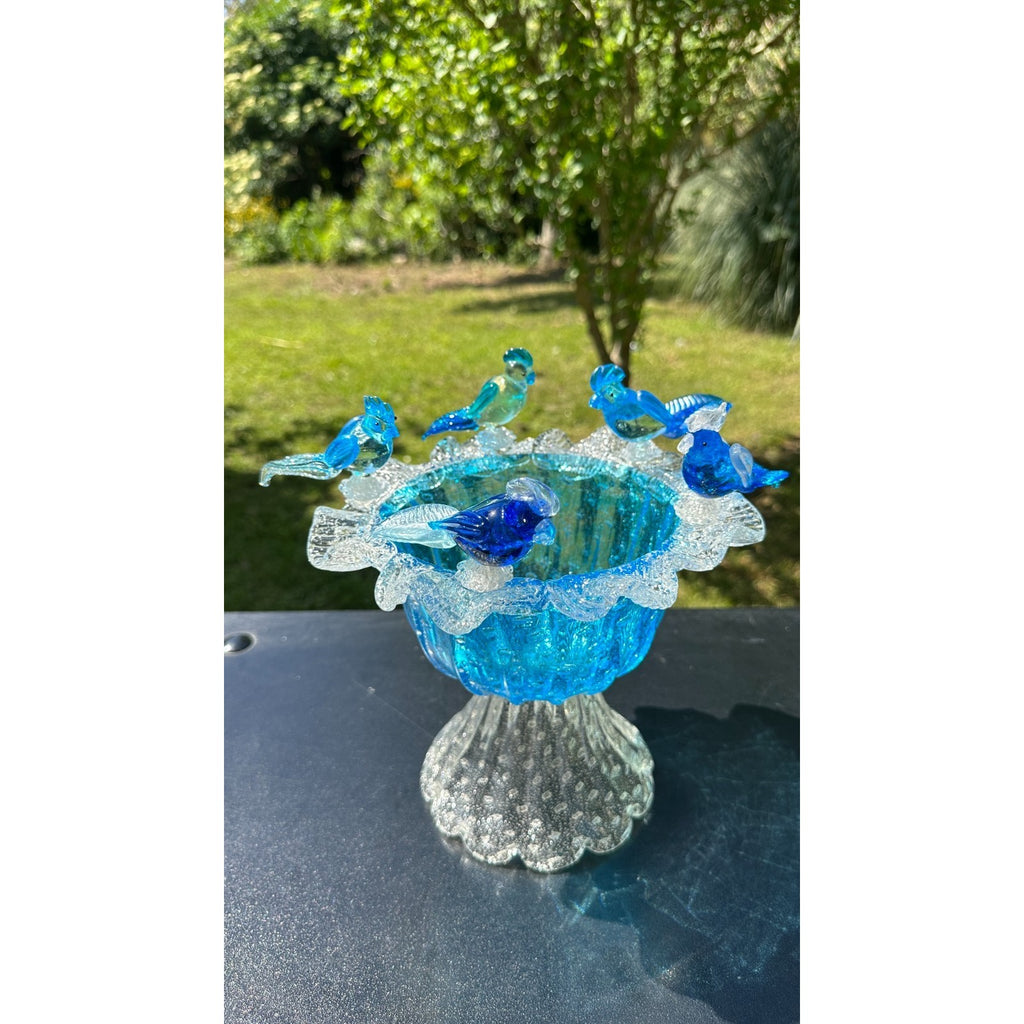 Murano Glass Blue Bird Bath Pedestal Bowl 5 Removable Birds Bullicante Murano
