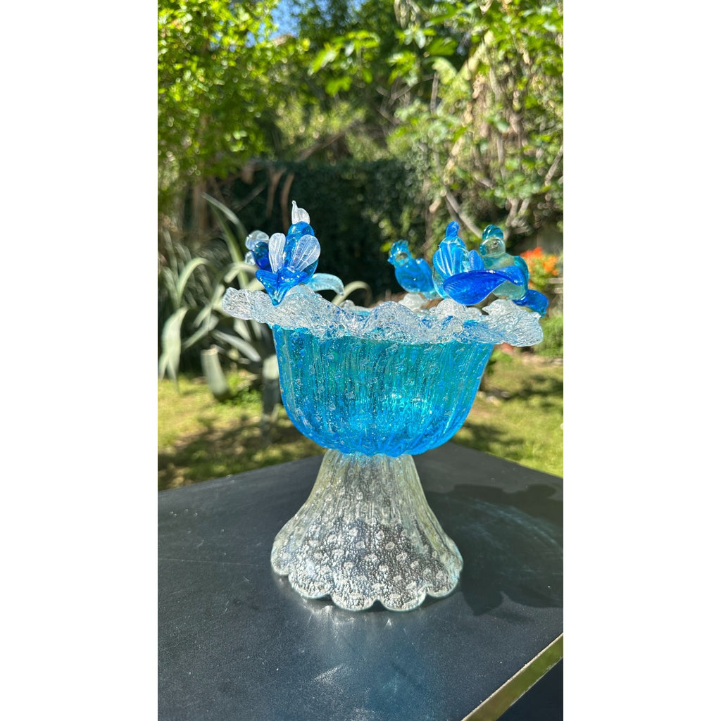 Murano Glass Blue Bird Bath Pedestal Bowl 5 Removable Birds Bullicante Murano